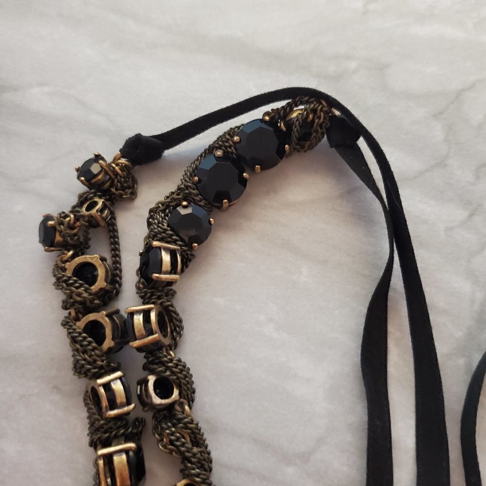 ✨ J.Crew Black Rhinestones Crystals Chain Ribbon Twist Tie Necklace ✨ - Picture 4 of 9
